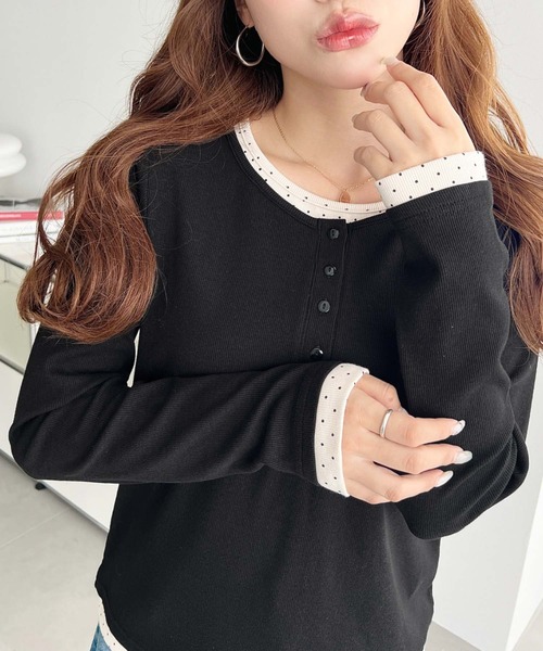 moment+(モーメントプラス)の「レイヤード風ヘンリーロンT(Tシャツ/カットソー・レディース・チャコールグレー/ブラック/アイボリー/ネイビー/杢グレー/ブラック系/ブルー系/グレー系/ホワイト系・L/M)」の20枚目の写真