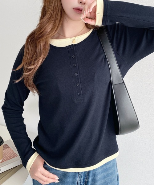 moment+(モーメントプラス)の「レイヤード風ヘンリーロンT(Tシャツ/カットソー・レディース・チャコールグレー/ブラック/アイボリー/ネイビー/杢グレー/ブラック系/ブルー系/グレー系/ホワイト系・L/M)」の15枚目の写真