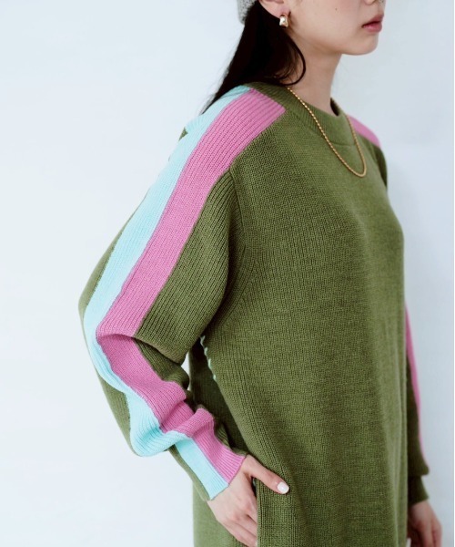 Paradise Picnic（パラダイスピクニック）の「HCAE コントラストスリーブニットドレス（ワンピース・レディース・ブルー/カーキ/パープル・FREE）」の20枚目の写真