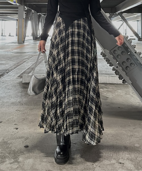 セール】【jiasecond.】ランダムチェックロングフレアスカート