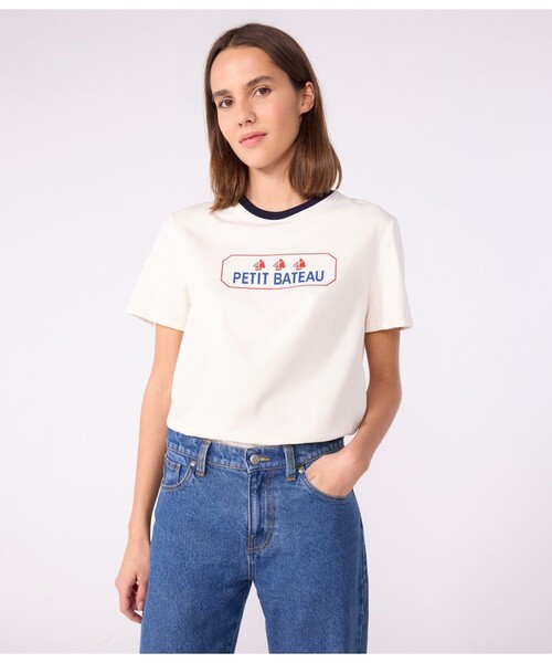 PETIT BATEAU(プチバトー)の「半袖Tシャツ(Tシャツ/カットソー・レディース・オフホワイト/ホワイト×ブルー・X-SMALL/SMALL/MEDIUM/LARGE)」の1枚目の写真