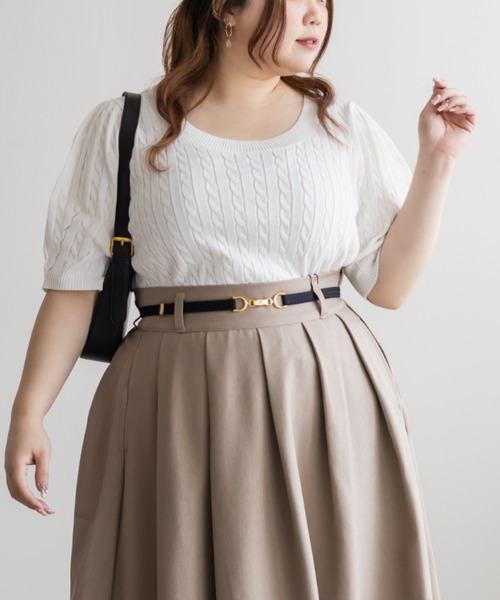 CLETTE（クレット）の「CLETTEオリジナル半袖ケーブルニット（ニット/セーター・レディース・グレー/オフホワイト/ブラック/ネイビー・LL/3L/4L）」の2枚目の写真
