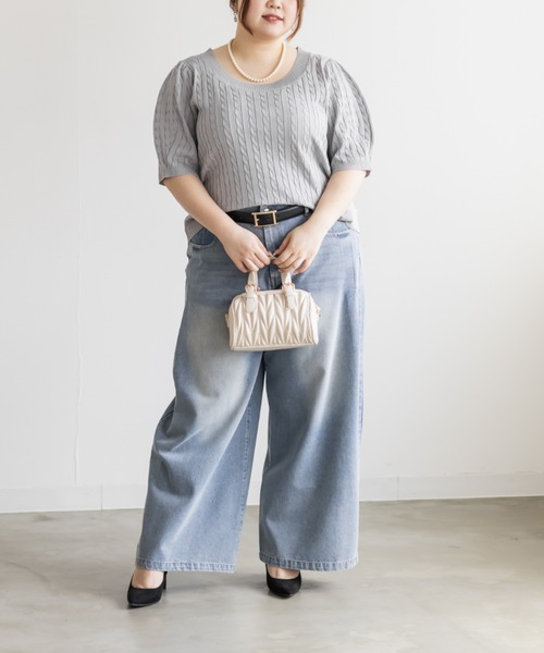 CLETTE（クレット）の「CLETTEオリジナル半袖ケーブルニット（ニット/セーター・レディース・グレー/オフホワイト/ブラック/ネイビー・LL/3L/4L）」の10枚目の写真