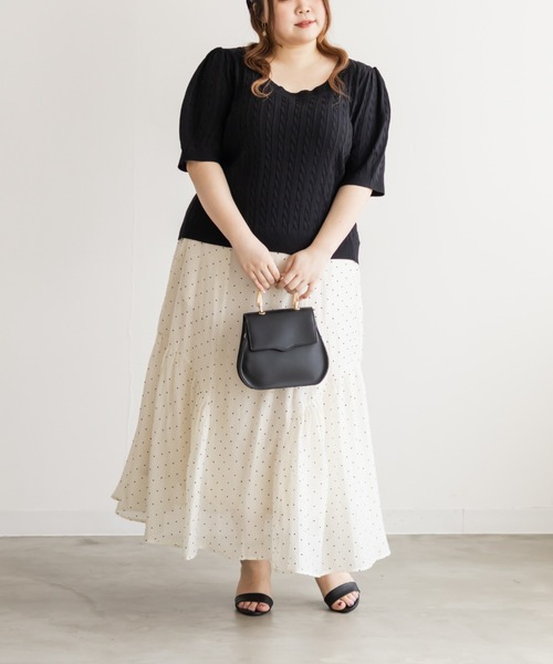 CLETTE（クレット）の「CLETTEオリジナル半袖ケーブルニット（ニット/セーター・レディース・グレー/オフホワイト/ブラック/ネイビー・LL/3L/4L）」の7枚目の写真