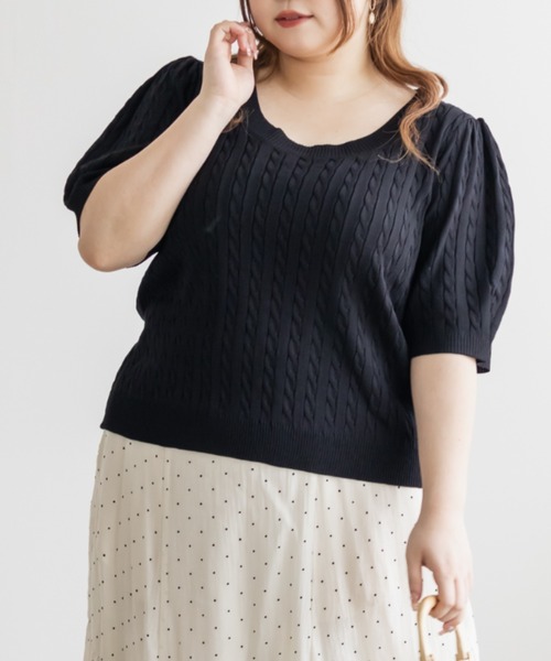 CLETTE（クレット）の「CLETTEオリジナル半袖ケーブルニット（ニット/セーター・レディース・グレー/オフホワイト/ブラック/ネイビー・LL/3L/4L）」の6枚目の写真