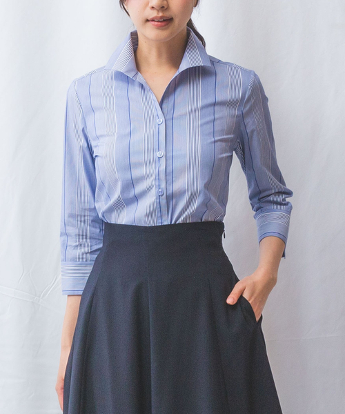セール】【NARACAMICIE】ストライプスタンドカラー七分袖シャツ