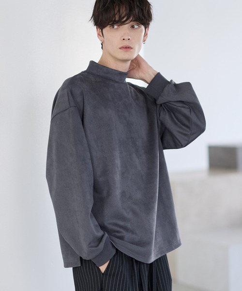 コットンポンチ/フェイクスウェード モックネックロングTシャツ（T