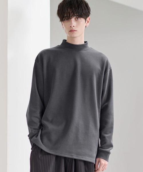 コットンポンチ/フェイクスウェード モックネックロングTシャツ（T