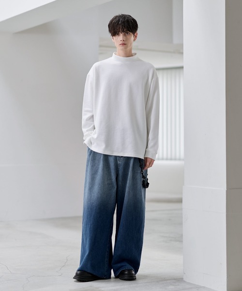 コットンポンチ/フェイクスウェード モックネックロングTシャツ（T