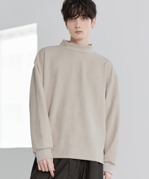 コットンポンチ/フェイクスウェード モックネックロングTシャツ（T