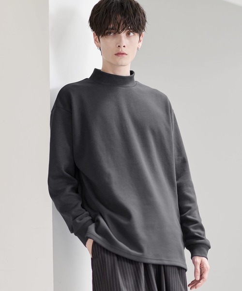 コットンポンチ/フェイクスウェード モックネックロングTシャツ（T