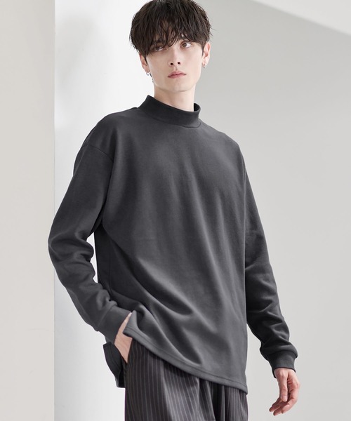 コットンポンチ/フェイクスウェード モックネックロングTシャツ（T
