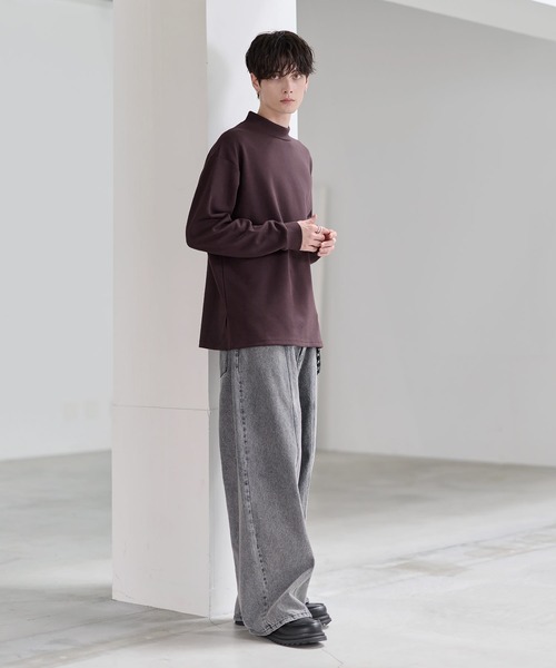 コットンポンチ/フェイクスウェード モックネックロングTシャツ（T