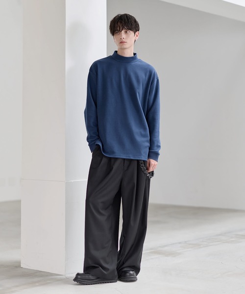 コットンポンチ/フェイクスウェード モックネックロングTシャツ（T