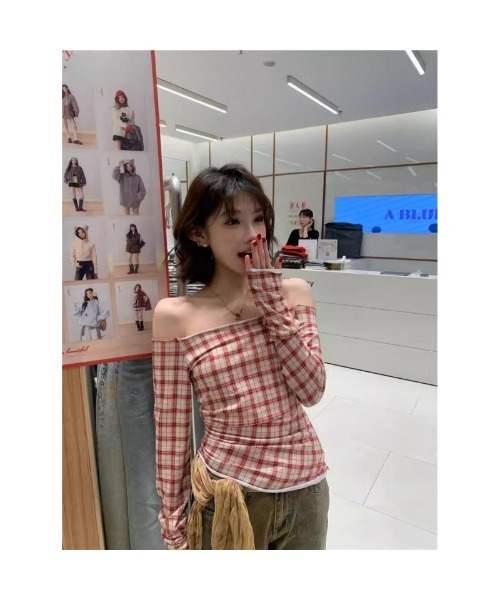 オフショルダー チェック柄 トップス セール】チェック柄 オフショルダー トップス（Tシャツ/カットソー
