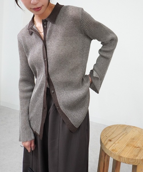 gossara(ゴサラ)の「ニットストライプシャツ(シャツ/ブラウス・レディース・ブラック/カーキ/ブラウン・FREE)」の1枚目の写真