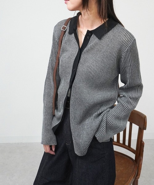 gossara(ゴサラ)の「ニットストライプシャツ(シャツ/ブラウス・レディース・ブラック/カーキ/ブラウン・FREE)」の2枚目の写真