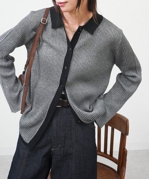 gossara(ゴサラ)の「ニットストライプシャツ(シャツ/ブラウス・レディース・ブラック/カーキ/ブラウン・FREE)」の5枚目の写真