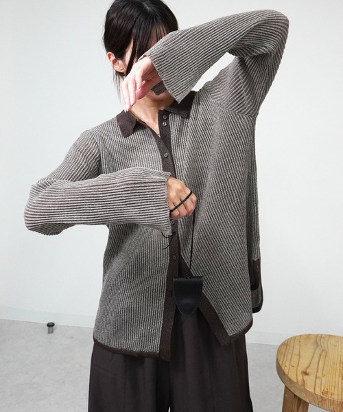 gossara(ゴサラ)の「ニットストライプシャツ(シャツ/ブラウス・レディース・ブラック/カーキ/ブラウン・FREE)」の8枚目の写真