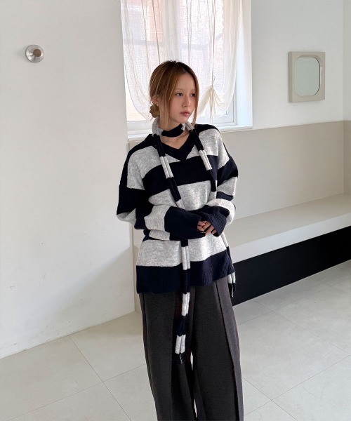 スキニーマフラーSET】ボーダー Vネック ニット トップス（ニット