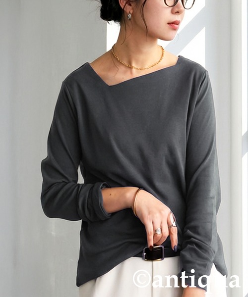 antiqua(アンティカ)の「長袖 綿100 斜めネック ロンT(Tシャツ/カットソー・レディース・スミクロ/ネイビー/オフホワイト/ブラック/カーキ・M/L/XL)」の3枚目の写真