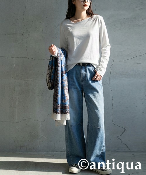 antiqua(アンティカ)の「長袖 綿100 斜めネック ロンT(Tシャツ/カットソー・レディース・スミクロ/ネイビー/オフホワイト/ブラック/カーキ・M/L/XL)」の6枚目の写真
