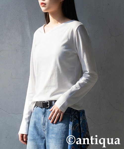 antiqua(アンティカ)の「長袖 綿100 斜めネック ロンT(Tシャツ/カットソー・レディース・スミクロ/ネイビー/オフホワイト/ブラック/カーキ・M/L/XL)」の8枚目の写真