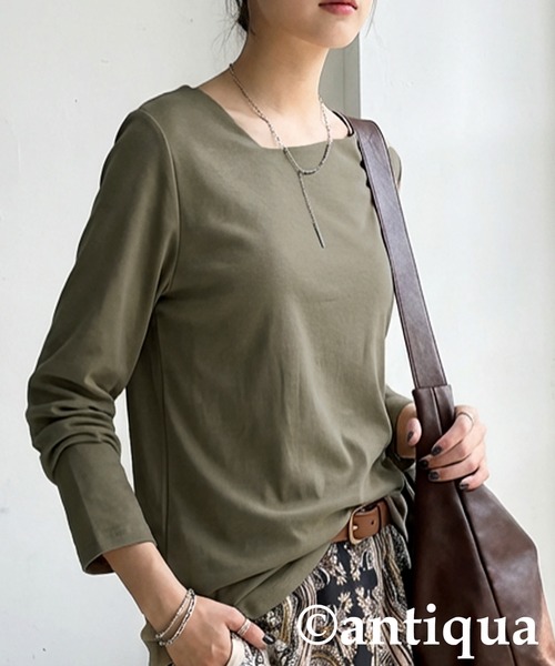 antiqua(アンティカ)の「長袖 綿100 斜めネック ロンT(Tシャツ/カットソー・レディース・スミクロ/ネイビー/オフホワイト/ブラック/カーキ・M/L/XL)」の19枚目の写真