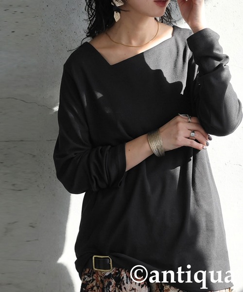 antiqua(アンティカ)の「長袖 綿100 斜めネック ロンT(Tシャツ/カットソー・レディース・スミクロ/ネイビー/オフホワイト/ブラック/カーキ・M/L/XL)」の11枚目の写真