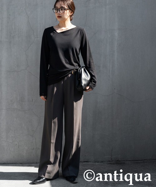 antiqua(アンティカ)の「長袖 綿100 斜めネック ロンT(Tシャツ/カットソー・レディース・スミクロ/ネイビー/オフホワイト/ブラック/カーキ・M/L/XL)」の14枚目の写真
