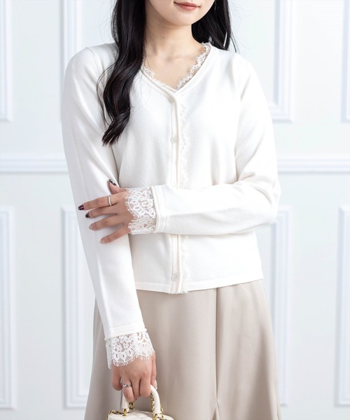 CLEAR BASIC（クリアベーシック）の「レース付きカーディガン[オフィスカジュアル 着回し抜群 ガーリー]≪AW新作≫（カーディガン/ボレロ・レディース・アイボリー/ブラック/ピンク・F）」の6枚目の写真