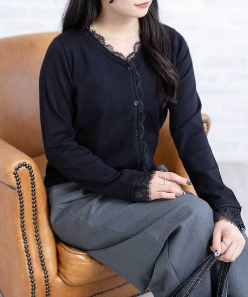 CLEAR BASIC（クリアベーシック）の「レース付きカーディガン[オフィスカジュアル 着回し抜群 ガーリー]≪AW新作≫（カーディガン/ボレロ・レディース・アイボリー/ブラック/ピンク・F）」の9枚目の写真