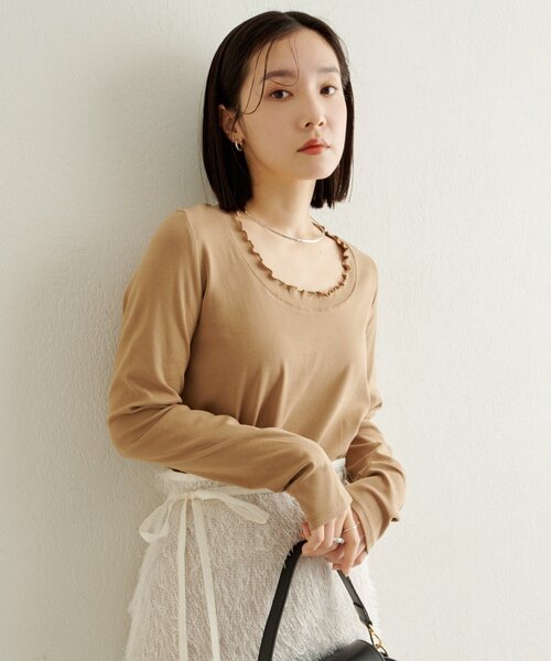 Omekashi（オメカシ）の「フリルロングTシャツ（Tシャツ/カットソー・レディース・オフホワイト/ブルー/ブラック/ベージュ・FREE）」の7枚目の写真