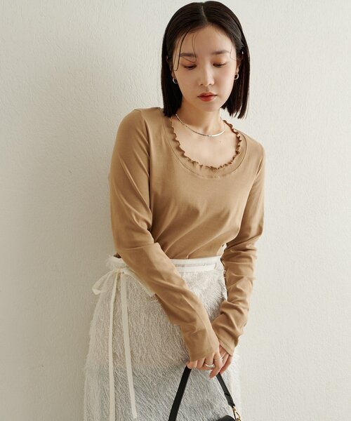 Omekashi（オメカシ）の「フリルロングTシャツ（Tシャツ/カットソー・レディース・オフホワイト/ブルー/ブラック/ベージュ・FREE）」の9枚目の写真