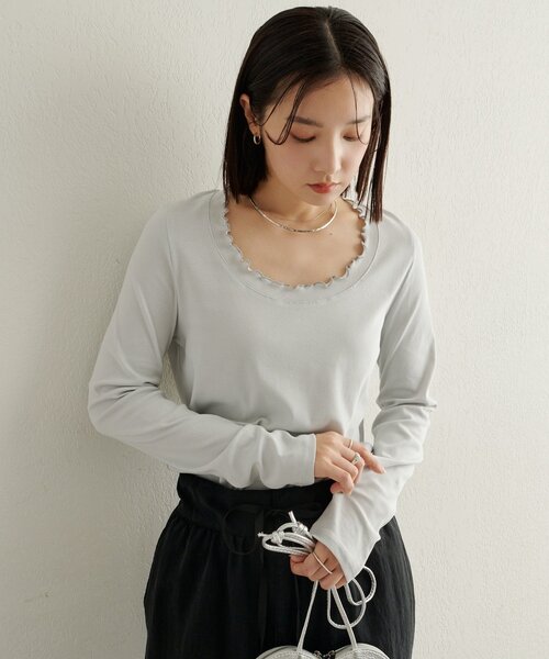 Omekashi（オメカシ）の「フリルロングTシャツ（Tシャツ/カットソー・レディース・オフホワイト/ブルー/ブラック/ベージュ・FREE）」の18枚目の写真