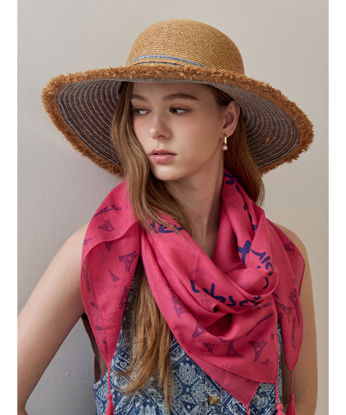 デニムブロックナチュラルワイドラフィアハット