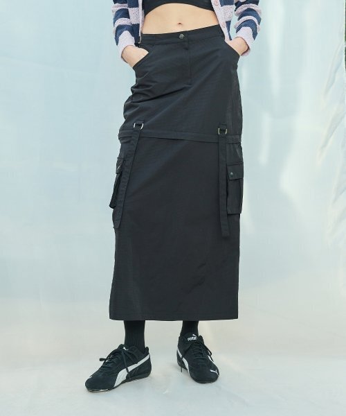 L9 2-WAY NYLON LONG SKIRT(BLACK)