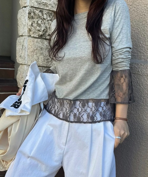 WILLFULLY（ウィルフリー）の「hem lace sheer cut and sew tops（Tシャツ/カットソー・レディース・アイボリー/ブラック/グレー・FREE）」の3枚目の写真