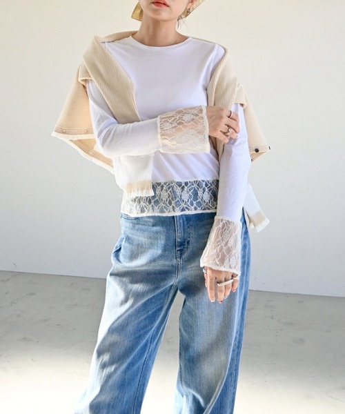 WILLFULLY（ウィルフリー）の「hem lace sheer cut and sew tops（Tシャツ/カットソー・レディース・アイボリー/ブラック/グレー・FREE）」の16枚目の写真