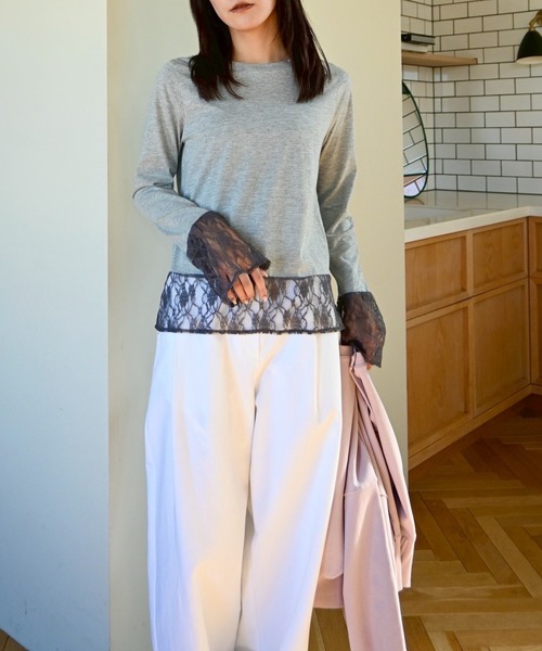 WILLFULLY（ウィルフリー）の「hem lace sheer cut and sew tops（Tシャツ/カットソー・レディース・アイボリー/ブラック/グレー・FREE）」の19枚目の写真