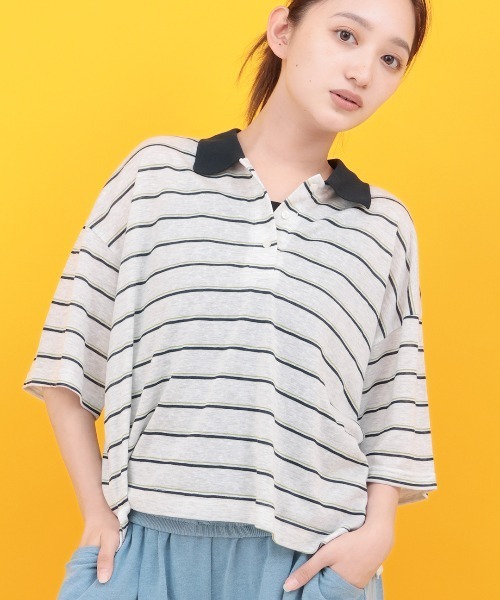 チチカカ(チチカカ)の「Orale! シアーボーダーポロシャツ(Tシャツ/カットソー・レディース・グレー/ピンク/ホワイト・FREE)」の1枚目の写真