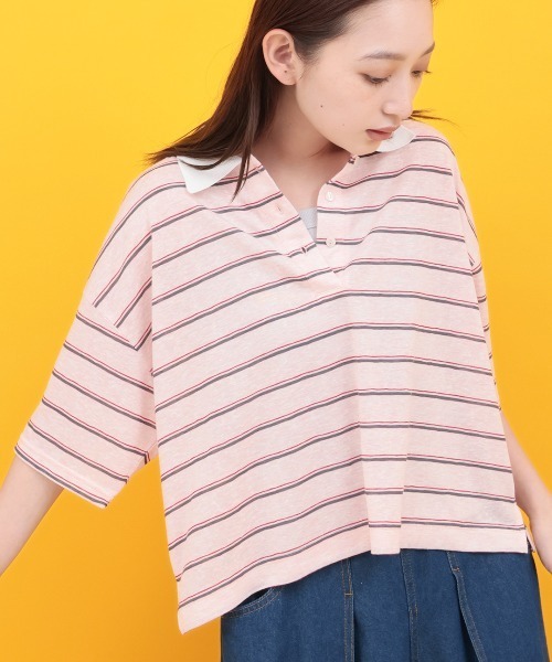 チチカカ(チチカカ)の「Orale! シアーボーダーポロシャツ(Tシャツ/カットソー・レディース・グレー/ピンク/ホワイト・FREE)」の3枚目の写真
