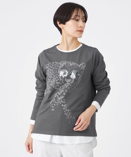 EVEX by KRIZIA(エヴェックスバイクリツィア)の「【ウォッシャブル】グラスパンサープリントカットソー(Tシャツ/カットソー・レディース・ブルー系その他2/チャコールグレー/オフホワイト・42/40)」の2枚目の写真