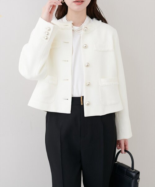 natural couture（ナチュラルクチュール）の「ツイードゆったりジャケット（ノーカラージャケット・レディース・オフホワイト/ブラック・FREE）」の11枚目の写真