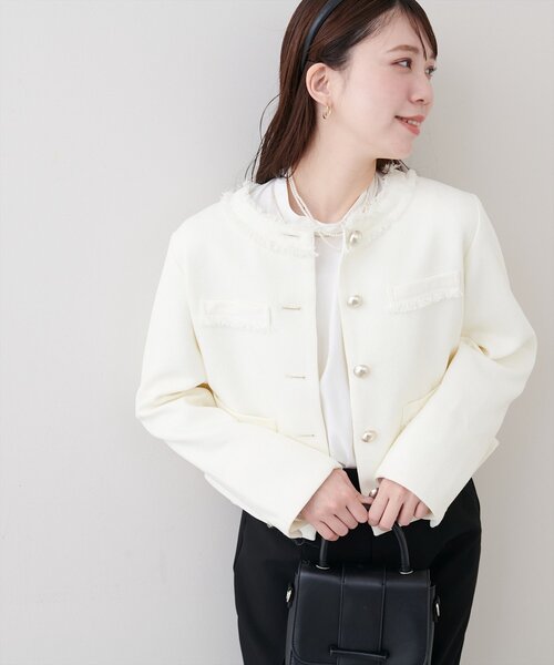 natural couture（ナチュラルクチュール）の「ツイードゆったりジャケット（ノーカラージャケット・レディース・オフホワイト/ブラック・FREE）」の12枚目の写真