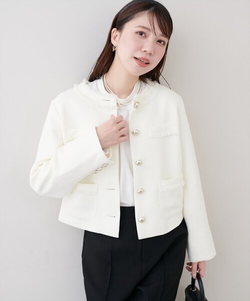 natural couture（ナチュラルクチュール）の「ツイードゆったりジャケット（ノーカラージャケット・レディース・オフホワイト/ブラック・FREE）」の13枚目の写真