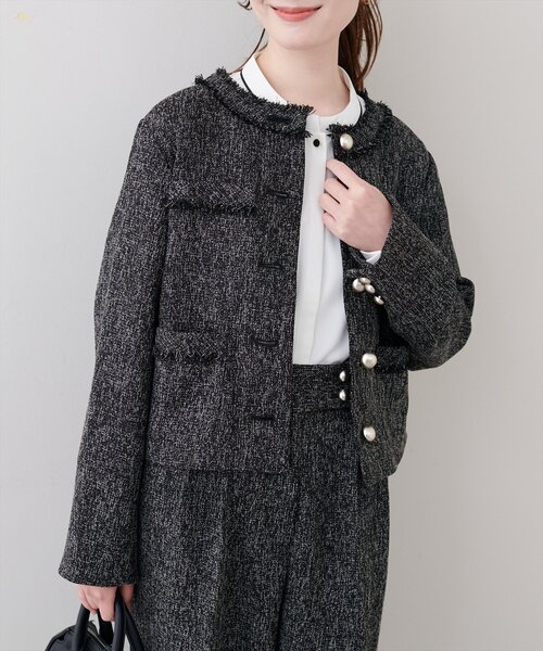 natural couture（ナチュラルクチュール）の「ツイードゆったりジャケット（ノーカラージャケット・レディース・オフホワイト/ブラック・FREE）」の3枚目の写真