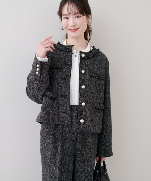 natural couture（ナチュラルクチュール）の「ツイードゆったりジャケット（ノーカラージャケット・レディース・オフホワイト/ブラック・FREE）」の4枚目の写真