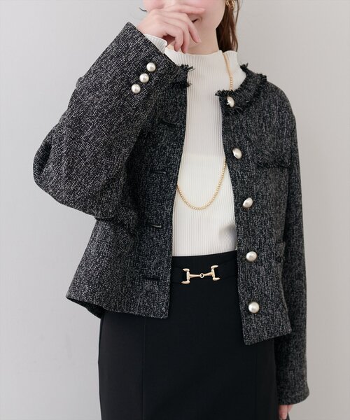 natural couture（ナチュラルクチュール）の「ツイードゆったりジャケット（ノーカラージャケット・レディース・オフホワイト/ブラック・FREE）」の6枚目の写真