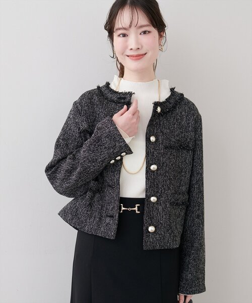 natural couture（ナチュラルクチュール）の「ツイードゆったりジャケット（ノーカラージャケット・レディース・オフホワイト/ブラック・FREE）」の8枚目の写真